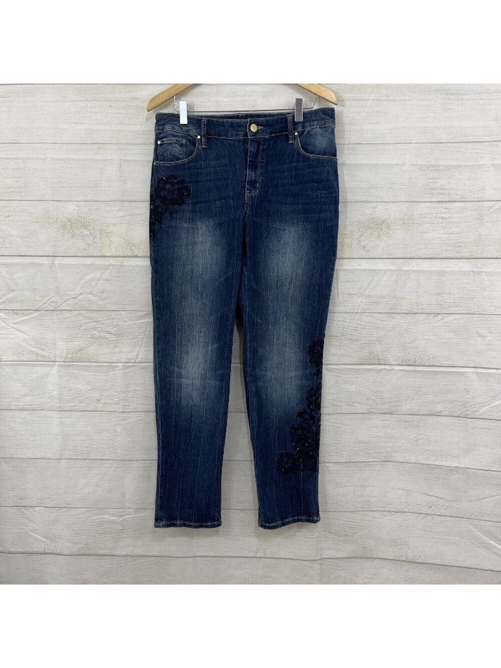 Chico’s Black Embroidered Crinkled Tapered Jeans